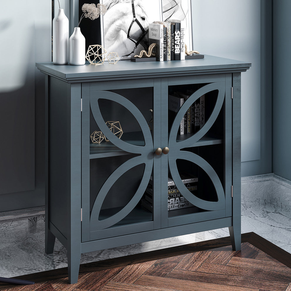 Wood Double Transparent Door Accent Cabinet with Adjustable Shelf, Navy Blue, 32