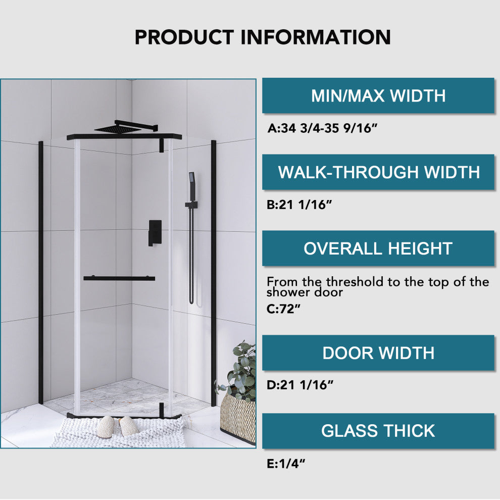 Neo-angle Pivot Semi-Frameless Corner Shower Enclosure, Matte Black