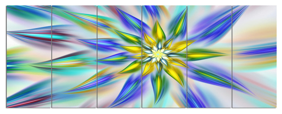 Dancing Blue Fractal Flower, Floral Canvas Art Print, 70"x28", 6 Panels