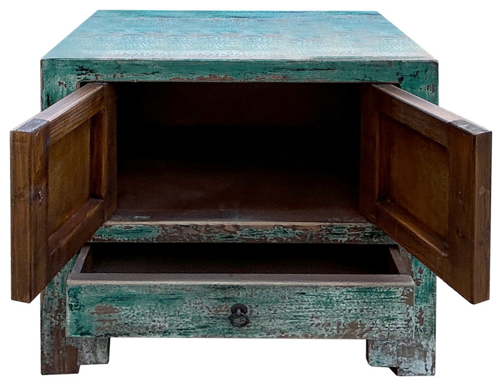 Oriental Distressed Teal Blue Green End Table Nightstand Chest
