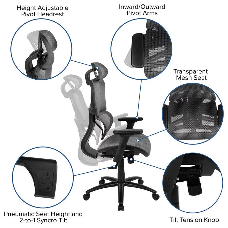 Contemporary Office Chair, Mesh Seat & Back With Adjustable Headrest, Gray