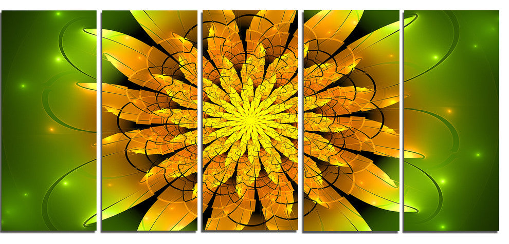 Bright Yellow Fractal Flower on Green, Floral Canvas Print, 60"x28", 5 Panels