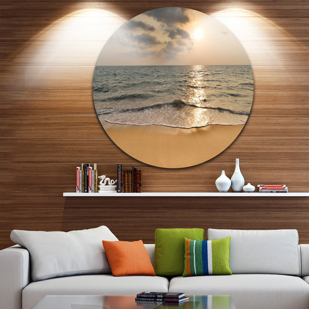 Dark Tropical Sand Beach At Sunset, Seascape Round Wall Art, 11"