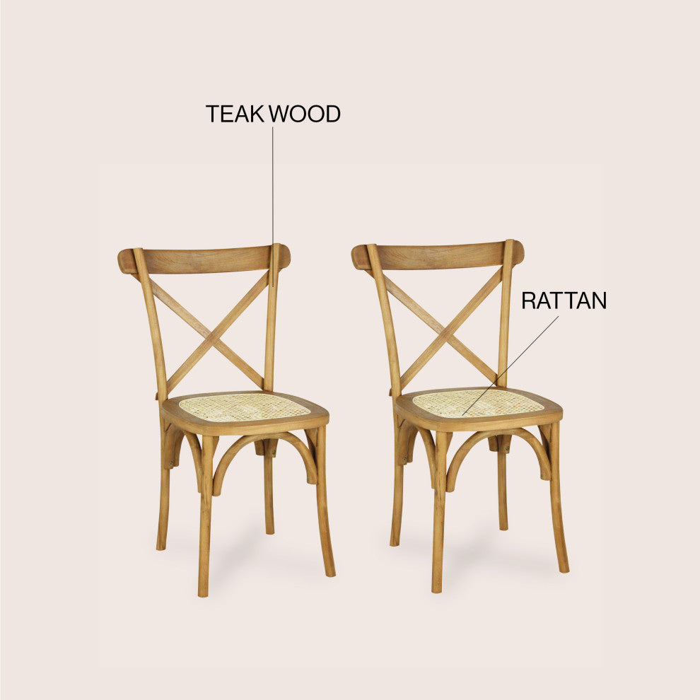 Cassis Classic Traditional X-Back Wood Rattan Dining Chair, Set of 2