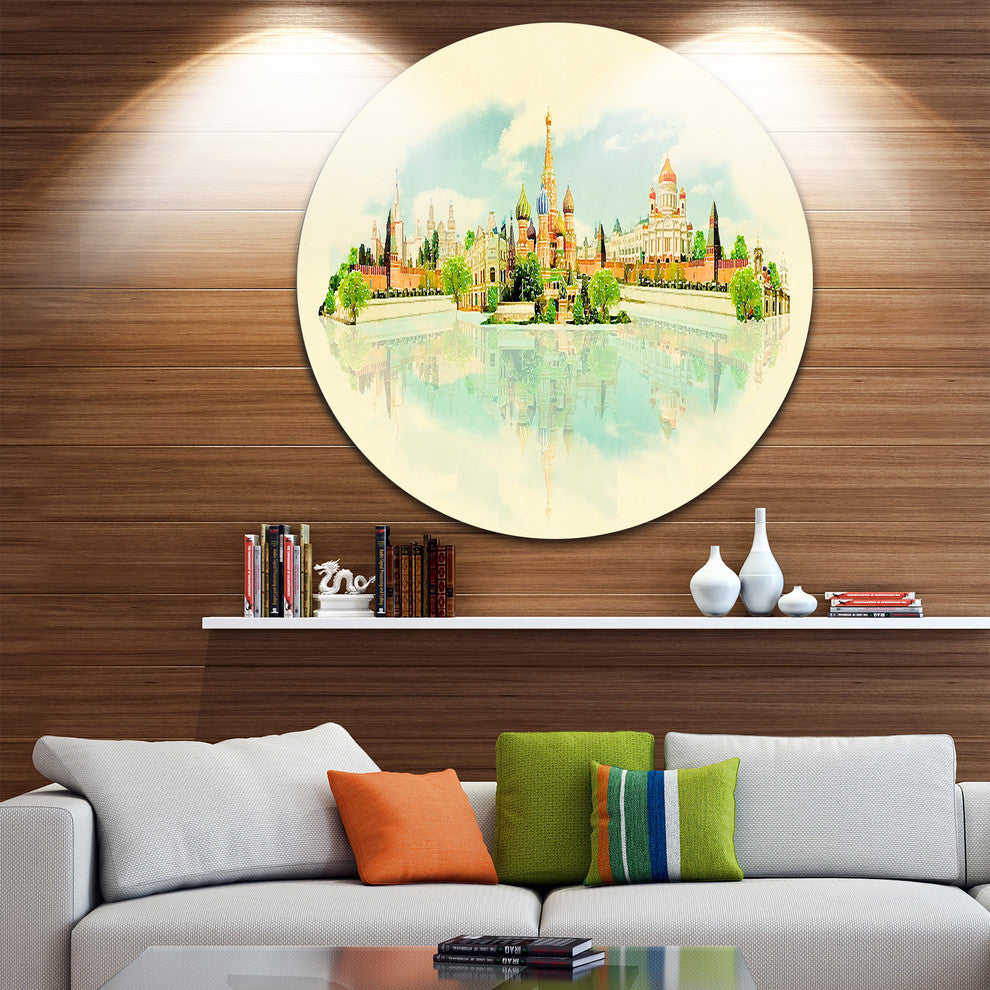 Moscow Panoramic View, Cityscape Watercolor Round Wall Art, 23"