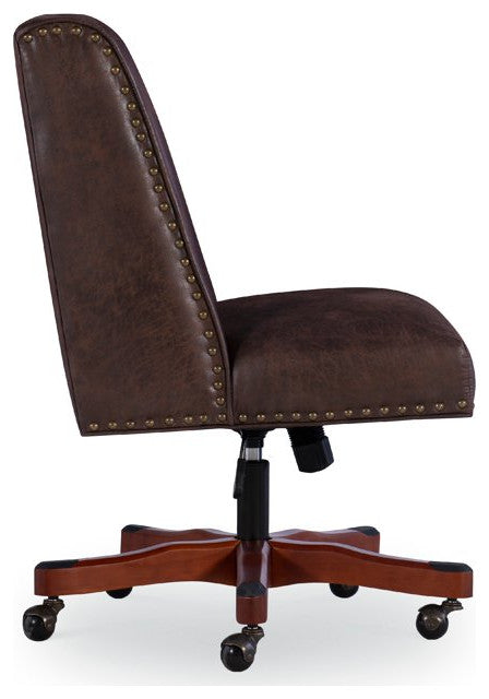 Transitional Office Chair, Padded Seat With Nailhead, Brown Faux Leather