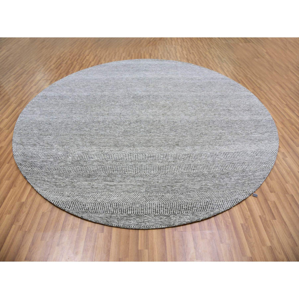 Storm Gray Grass Design Organic Undyed Wool Hand Knotted Round Rug 11'2"x11'2"
