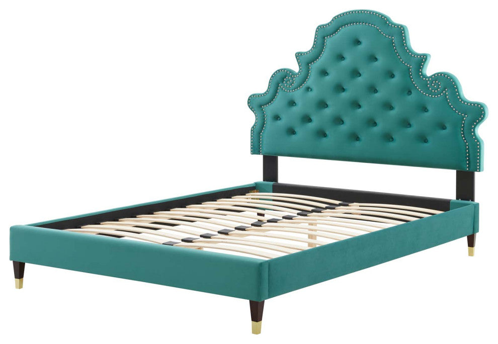 Tufted Platform Bed Frame, Twin Size, Velvet, Teal Blue, Modern Contemporary