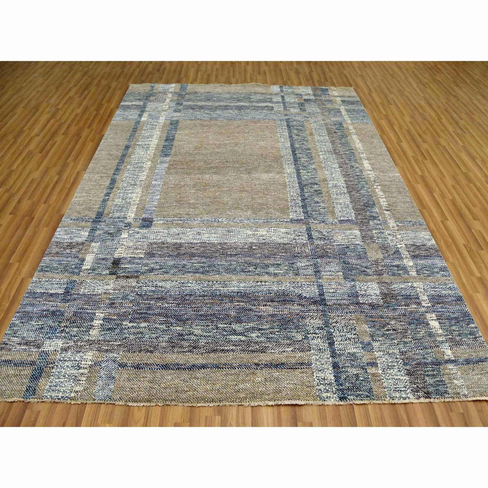 Brown Modern Geometric Opened Up Plaid Design Wool Hand Knotted Rug, 8'2"x10'2"