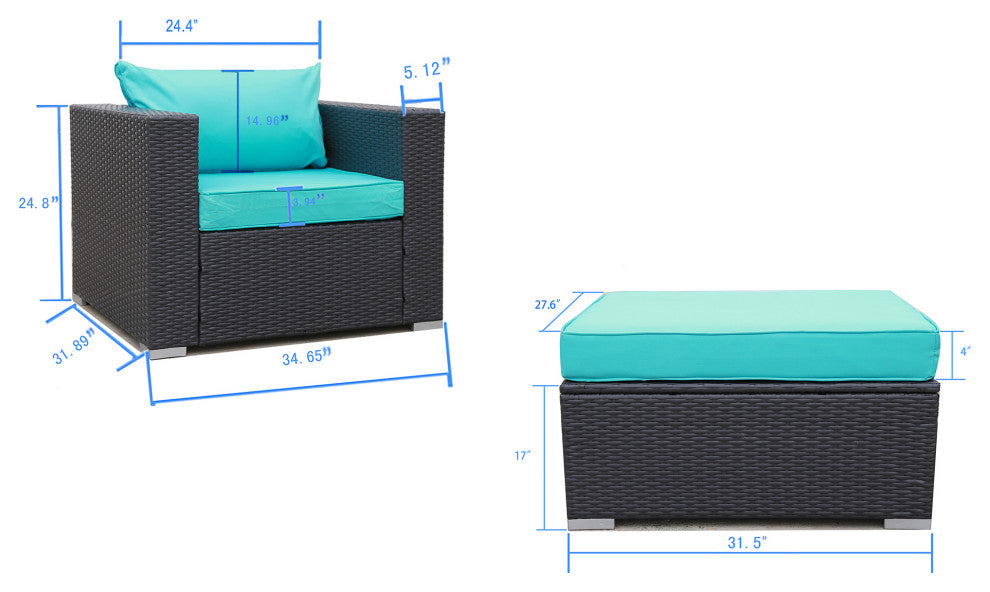 2 Pieces Outdoor Rattan Wicker Patio Sectional With Cushions and Ottoman