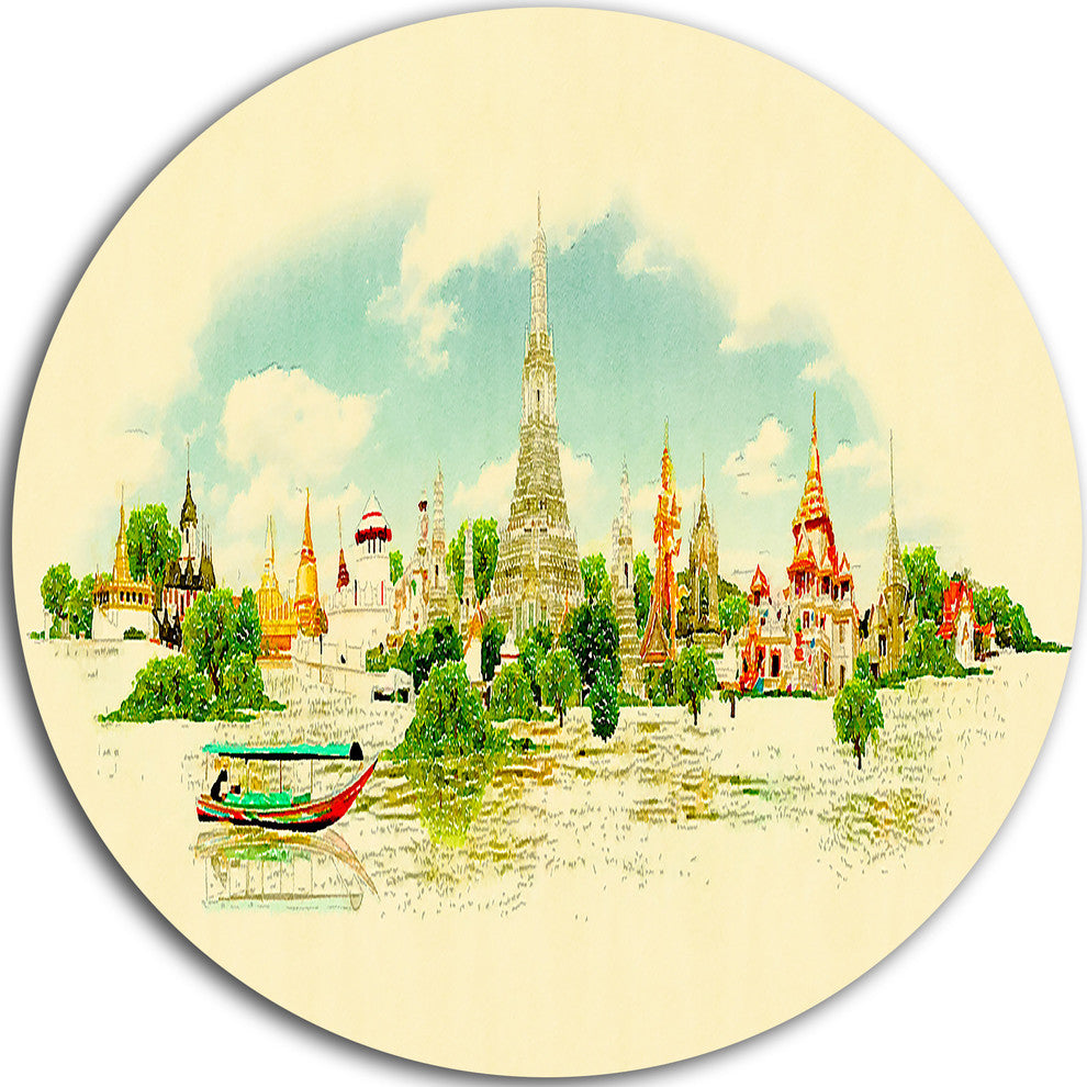 Bangkok Panoramic View, Cityscape Watercolor Disc Metal Wall Art, 23"
