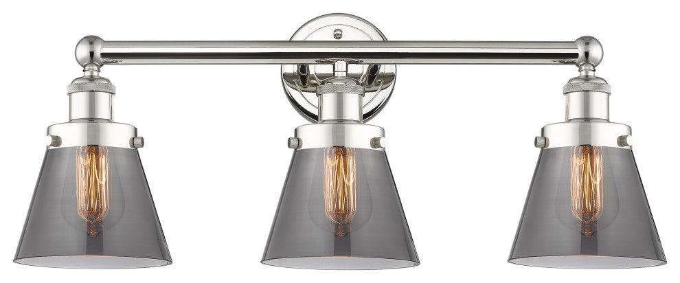 Edison Small Cone 3-Light 25" Vanity Light, Polished Nickel -Plated Smoke Shade