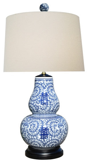 Large Blue and White Porcelain Gourd Vase Double Happiness Table Accent Lamp 30"