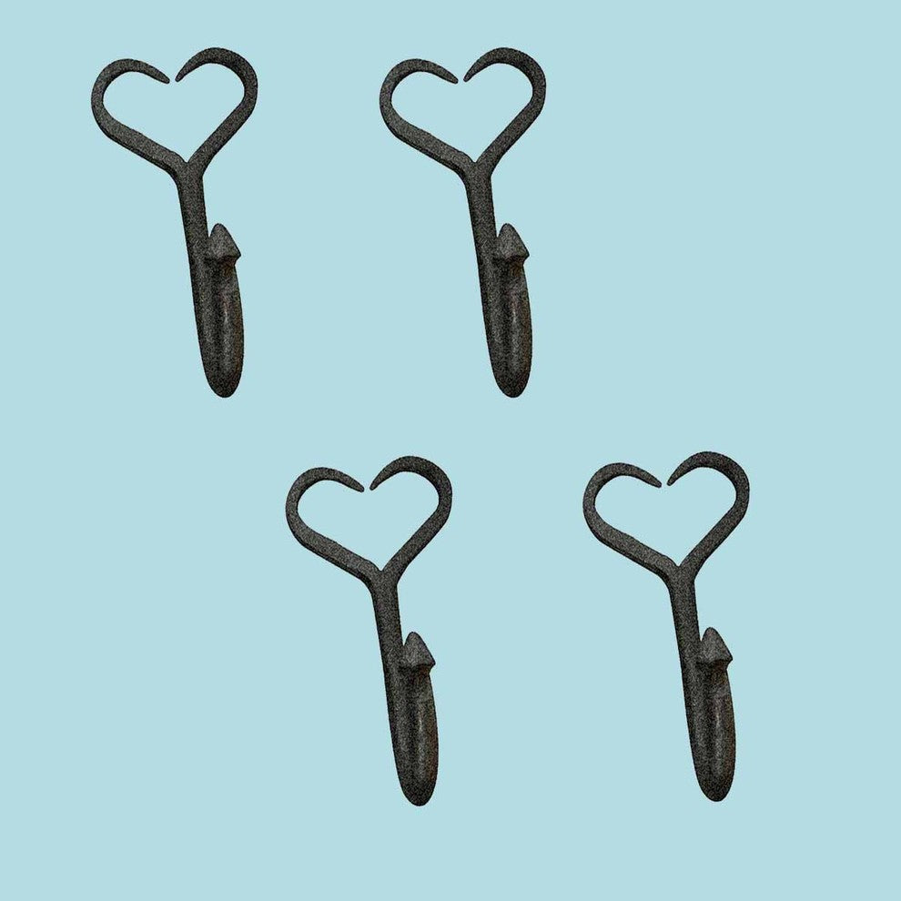 Coat Robe Hook Wrought Iron Heart Black 4"H X 3" Pack of 4