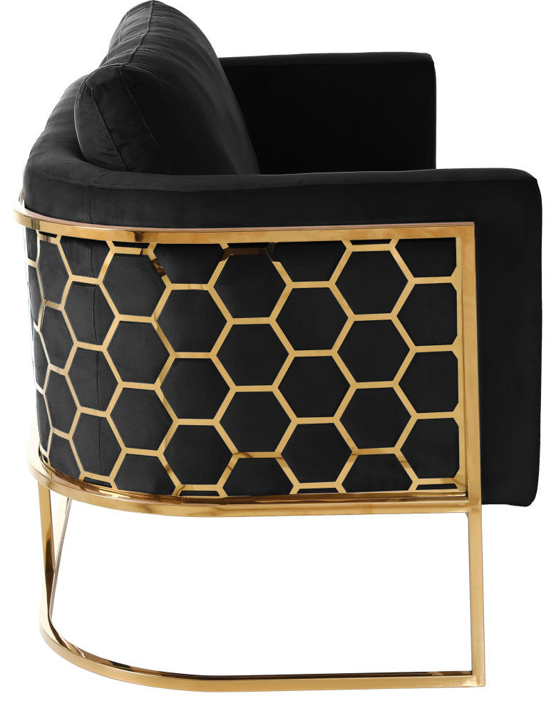 Casa Velvet Upholstered Loveseat, Black, Gold Finish