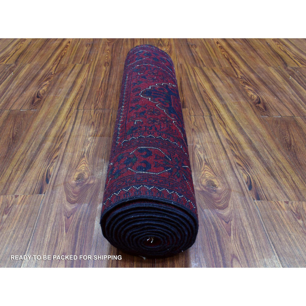 Red Hand Knotted Tribal Design Wool Afghan Khamyab Runner Rug, 2'9"x13'0"