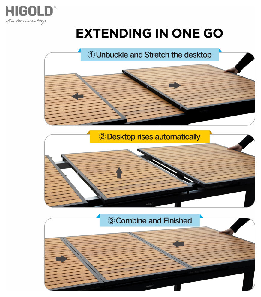 Heck Extendable Teak Outdoor Dining Set for 8 Person, Aluminum, by HIGOLD