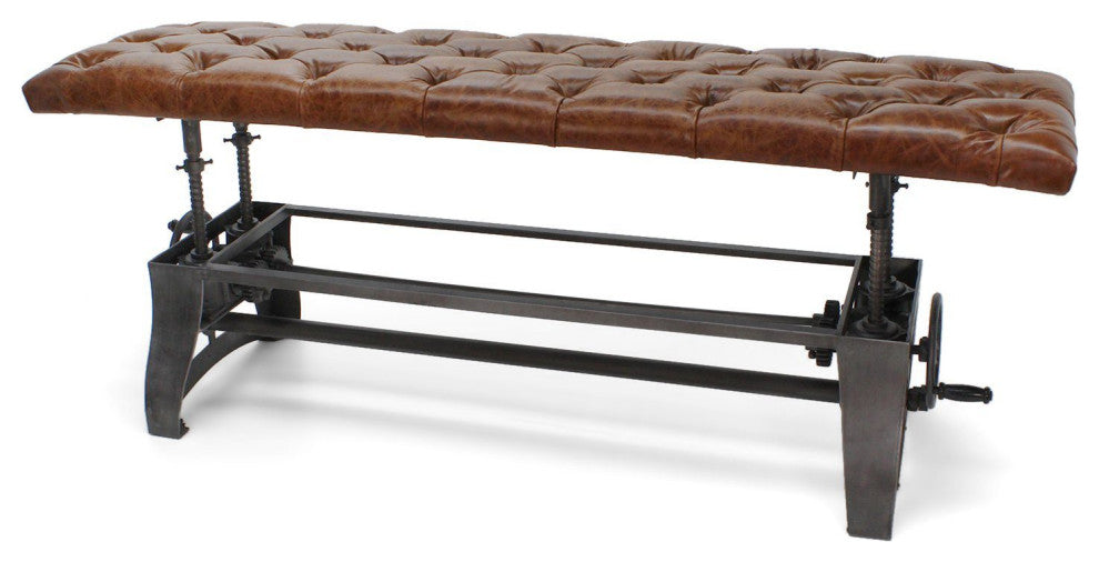 Crescent Industrial Dining Bench - Adjustable Iron Base - Brown Leather Seat
