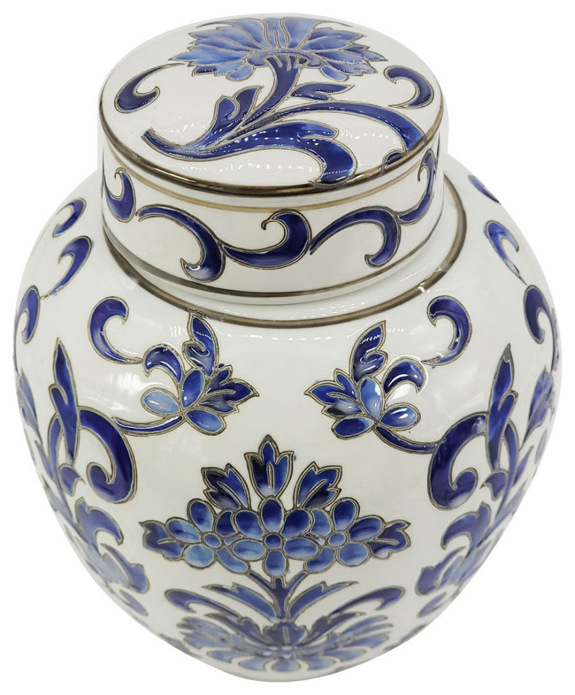 10" Blue and White Chinoiserie Ceramic Jar