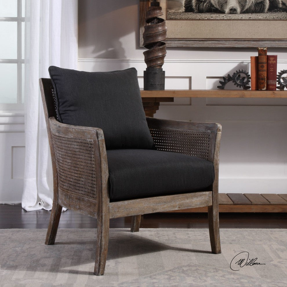 Rustic Exposed Wood Cane Side Arm Chair, Dark Gray Black Comfy