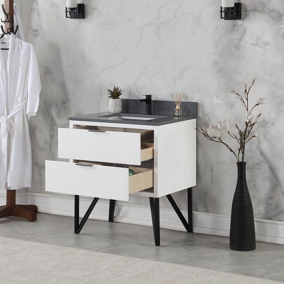 Helios Vanity With Gray Countertop, White, 30", No Mirror