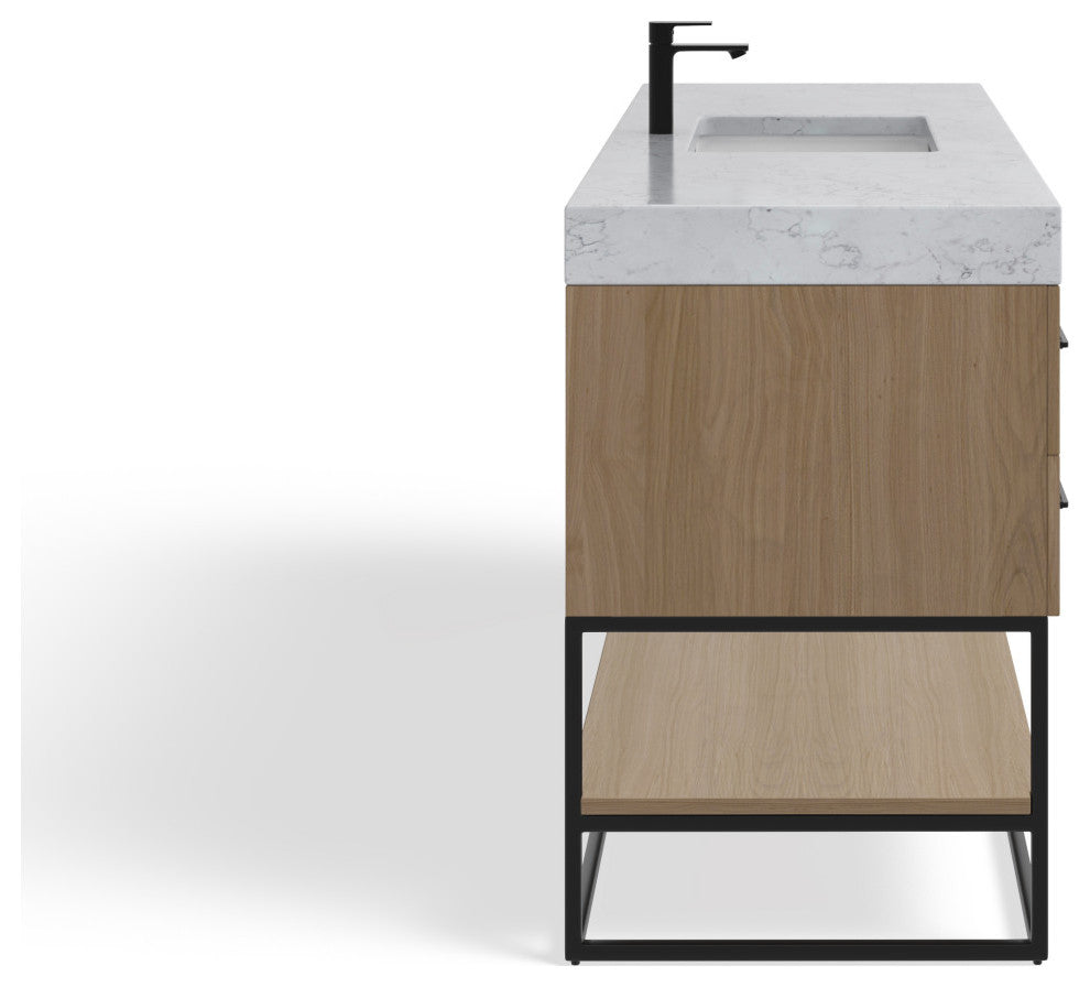 Bahia Bath Vanity, Oak, 60", Matte Black Hardware, Single, Freestanding