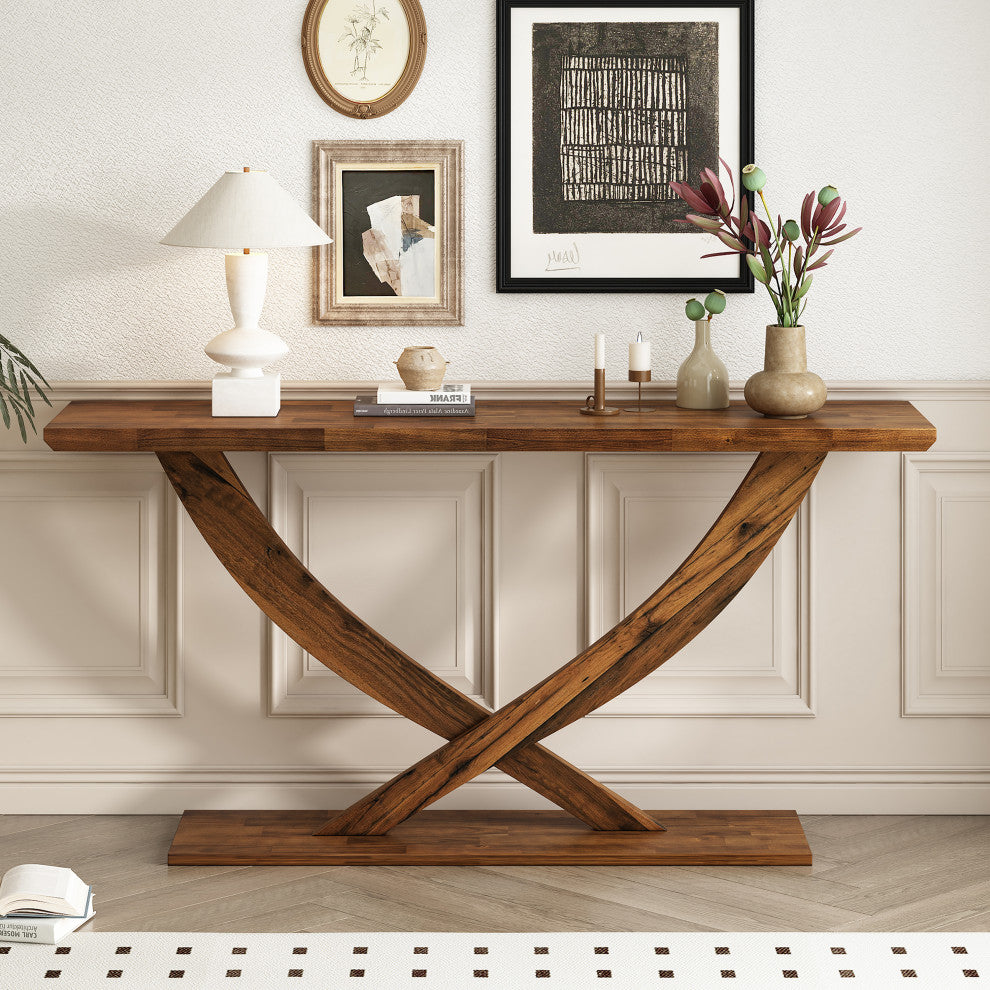 GDF Studio 57" Console Table With Cross-Leg Design, Brown