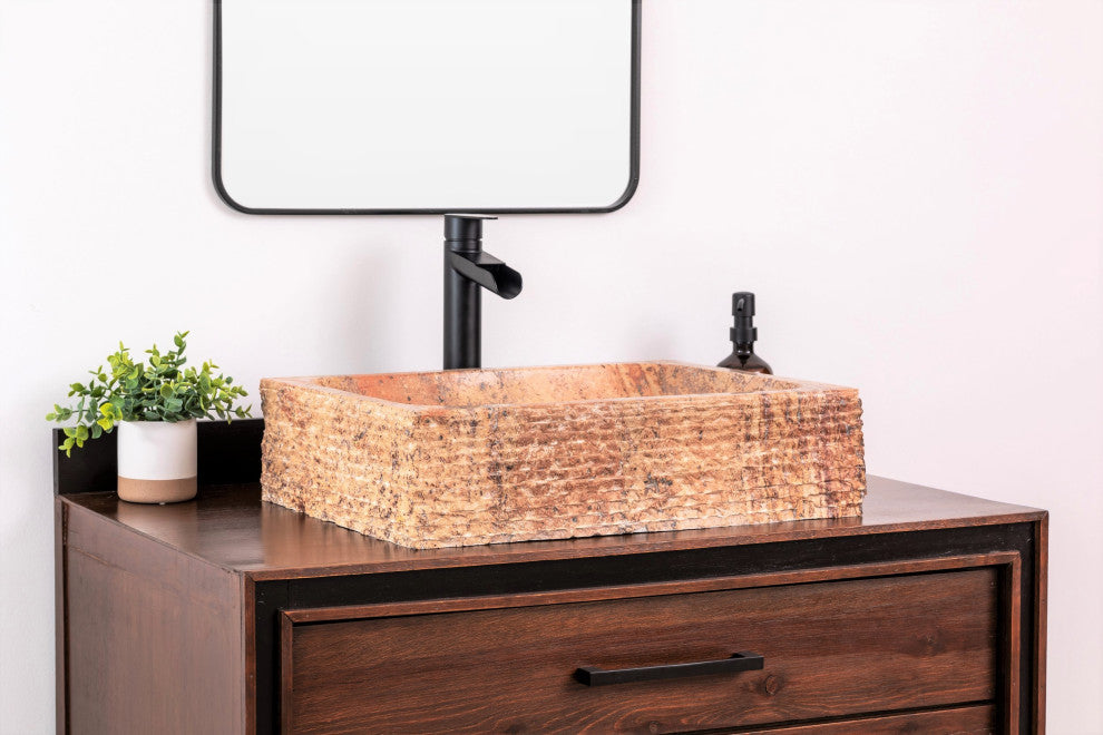 Natural Stone Vessel Bathroom Sink, Rustic Rectangular Stone Sink, Peach