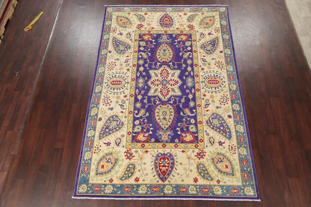 Traditional Wool Pakistani Hand Made Kazak Oriental Area Rug, Purple, 9'7"X6'5"