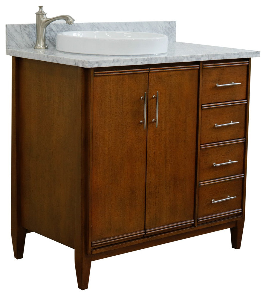 37" Single Vanity, Walnut Finish With White Carrara