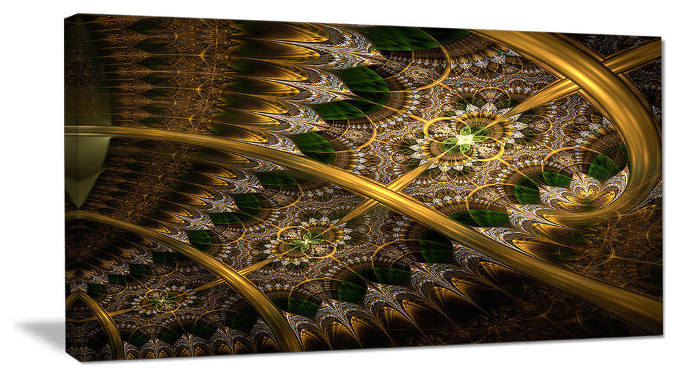 Dark Green Gold Fractal Flower, Oversized Abstract Canvas Art Print, 60x28