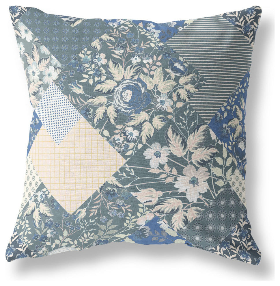 20" Gray Blue Boho Floral Indoor Outdoor Throw Pillow