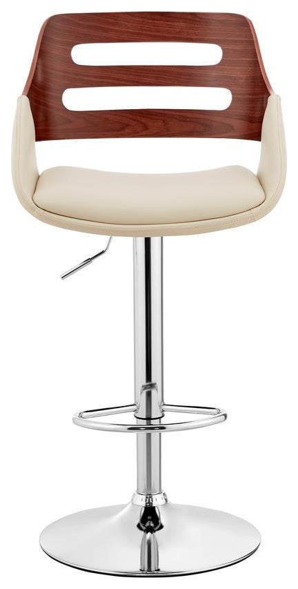 Karter Adjustable Cream Faux Leather and Walnut Wood Bar Stool with Chrome Base