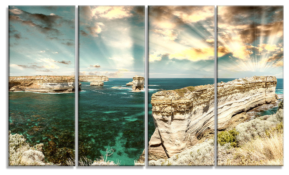 "Rocks At Great Ocean Road Victoria" Seascape Art Canvas, 4 Panels, 48"x28"