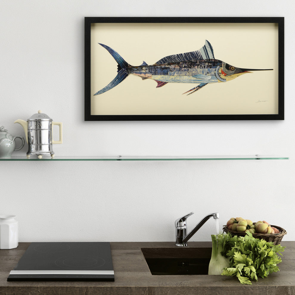 Blue Marlin Handmade Collage Framed Graphic Wall Art Under Glass 33x17