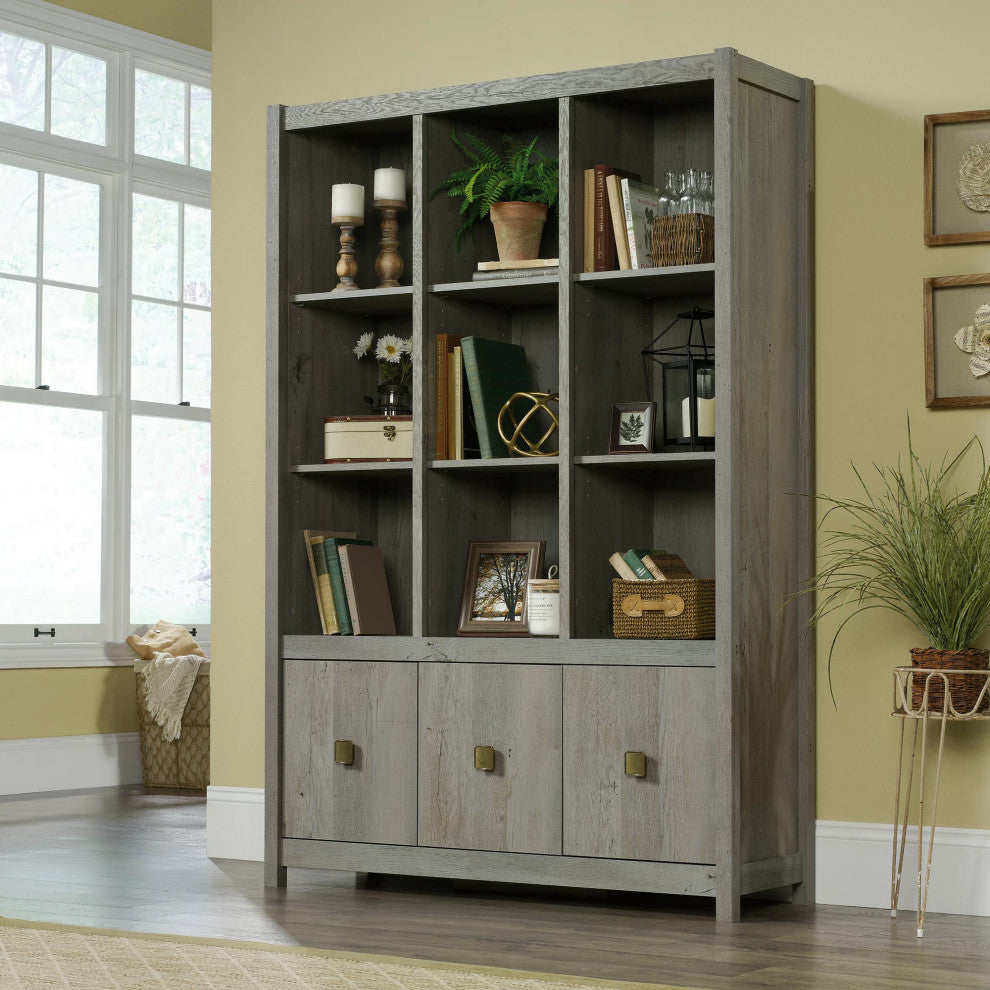 Modern Bookcase, Adjustable Shelves & Lower Cabinet With Pull Handles, Gray Oak