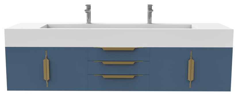 CastelloUSA Nile 72" Wall Mounted Bathroom Vanity Set, Blue, White Top, Gold Handles