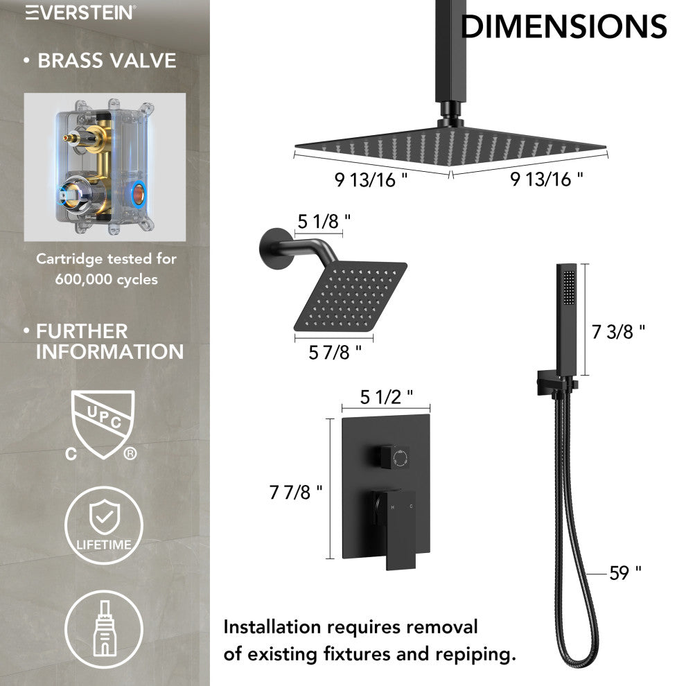 Dual Heads 3-Functions Shower System with Pressure Balancing Rough-In Valve, Matte Black