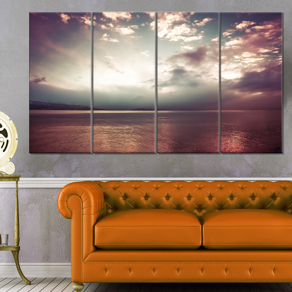 Dark Sunset with Dramatic Sky, Large Seashore Canvas Print, 48"x28", 4 Panels