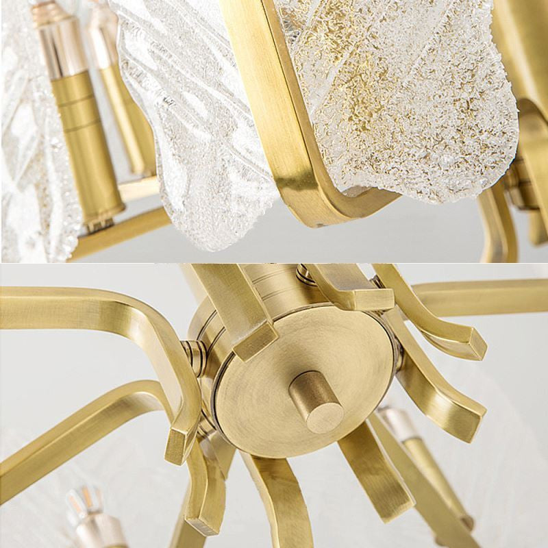 Lyss | Luxury Brass Chandelier with Leaves of Frosted Glass for Living Room, 8 Lights