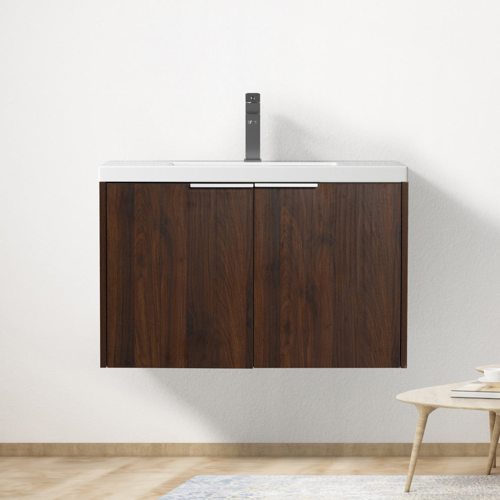 Wood Wall-Mounted Bathroom Vanity Set with Integrated Culture Marble Sink, 30 In