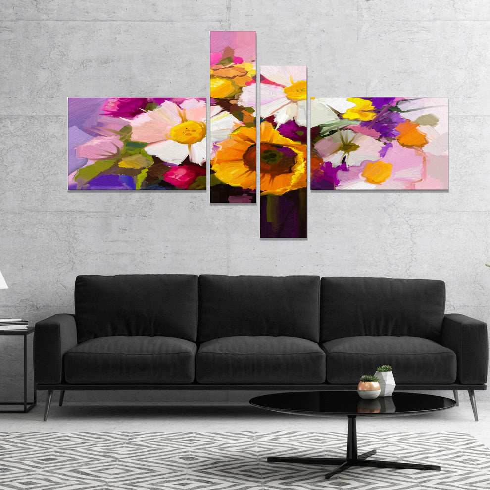 Bunch of White Red Yellow Flowers, Large Floral Canvas Print, 60"x32", 4 panels