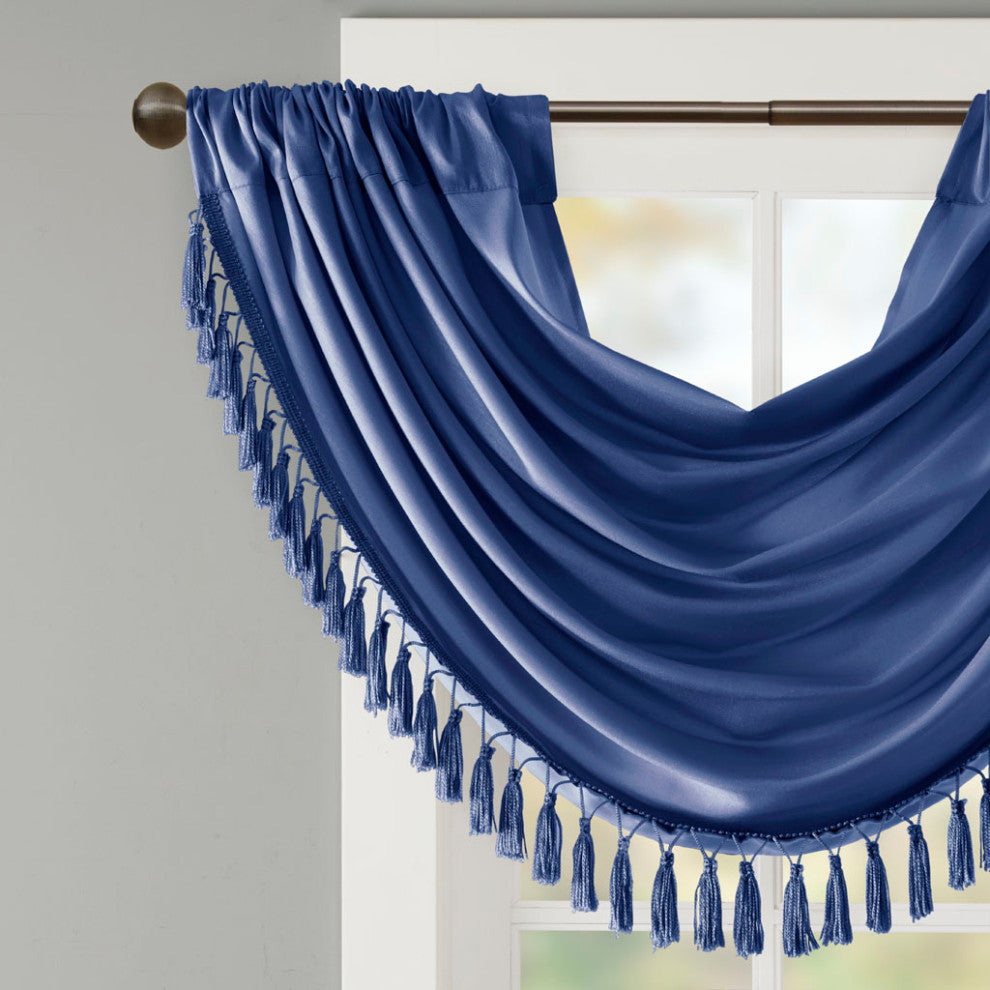 Madison Park Elena Faux Silk Waterfall Tassels Valance, Navy Blue