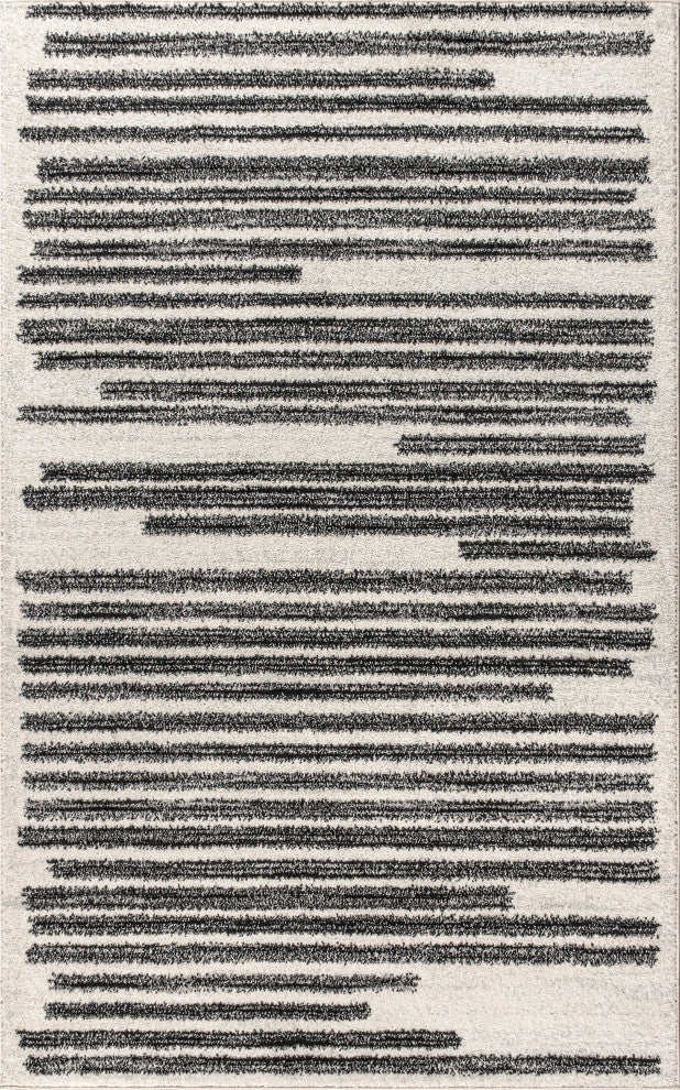 Khalil Modern Berber Stripe Area Rug, Cream/Black, 2 Ft. X 14 Ft.