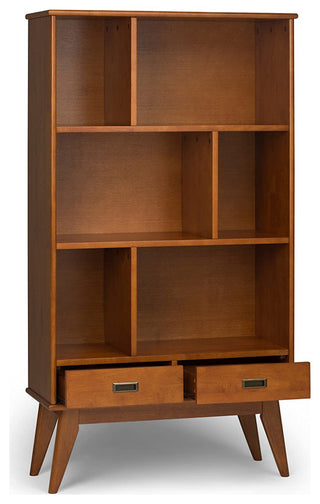 Mid Century Modern Bookcase, 6 Open Compartments & 2 Storage Drawers, Teak Brown