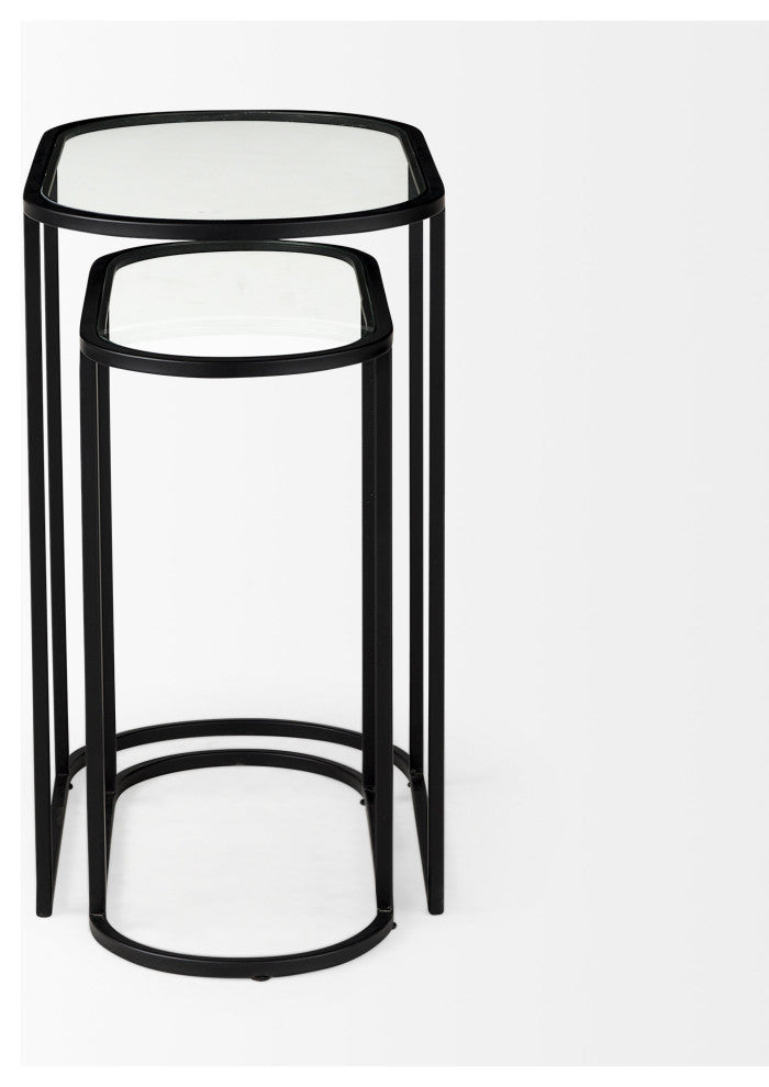 Celine Set of Two Black/Silver Metal and Glass Nesting Accent Tables