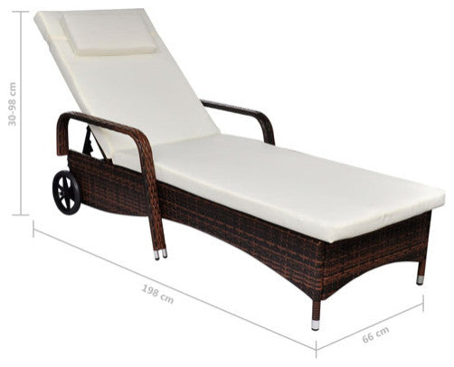 vidaXL Patio Lounge Chair Sunlounger with Cushion and Wheels Poly Rattan Brown