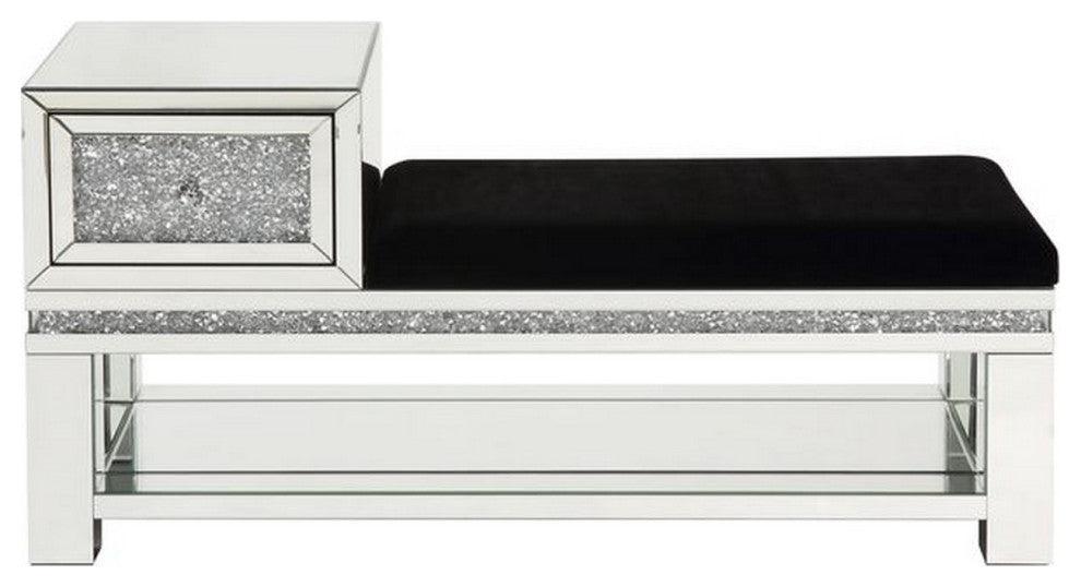 Benzara BM251186 Mirrored Storage Bench With Faux Diamonds/Open Shelf, Silver
