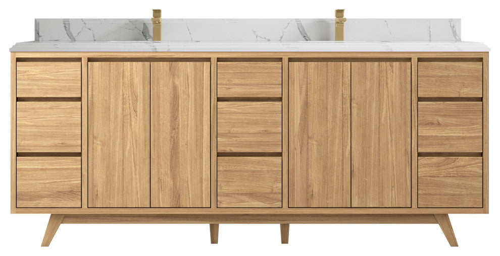 Madison Teak 84 Double Sink Bath Vanity in Light Natural 1.5" Calacatta Laza
