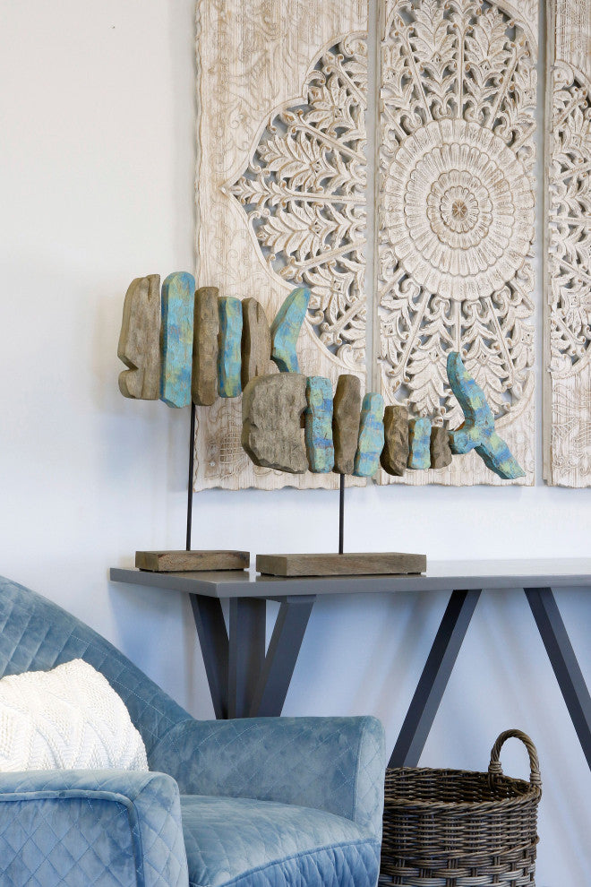 Fish Bone Hand Colored Natural Wood Fish Sculpture on Stand, Short